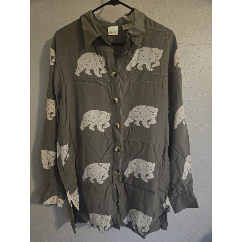 VTG Apart Womens Blouse Top Polar Bear AOP animal L Button Up Funky Retro